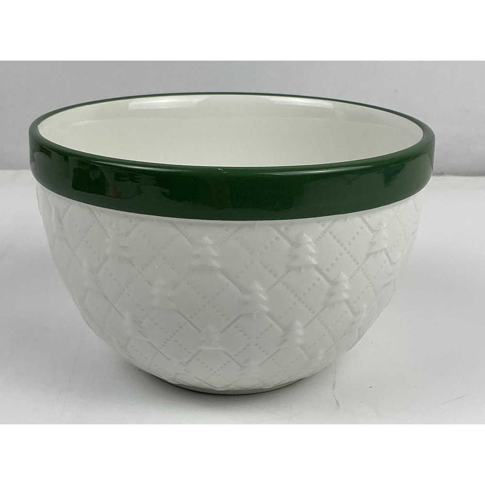 4 White Ceramic Mixing Bowl Green Rim Embossed Christmas Trees Quilted Pattern